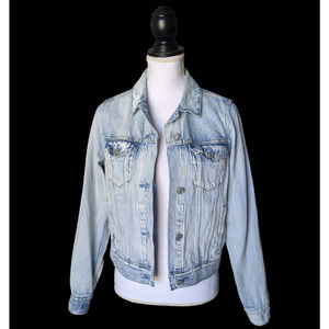 All Saints Hay Denim Jean Jacket Size Medium Acid Light Wash Distressed Cotton